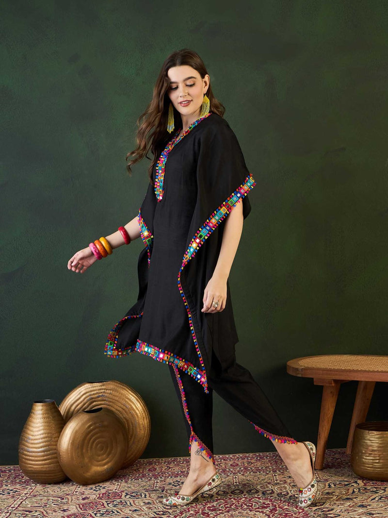 Black Mirror Work V-Neck Kaftan Kurta With Dhoti Pants