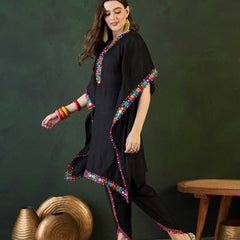 Black Mirror Work V-Neck Kaftan Kurta With Dhoti Pants