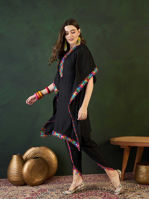 Black Mirror Work V-Neck Kaftan Kurta With Dhoti Pants