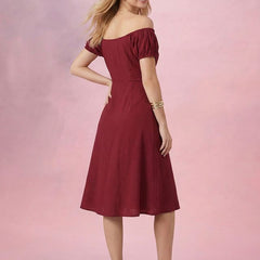 Maroon Off-Shoulder A-Line Midi Dress