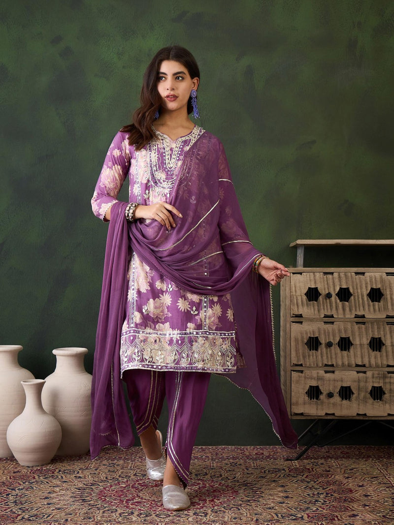 Floral Embroidered Round Neck Kurta With Dhoti Pants And Dupatta