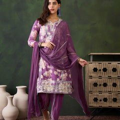 Floral Embroidered Round Neck Kurta With Dhoti Pants And Dupatta