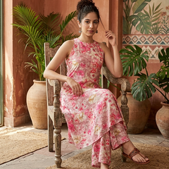Floral Print Sleeveless Straight Kurta With Trousers
