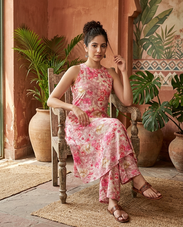 Floral Print Sleeveless Straight Kurta With Trousers