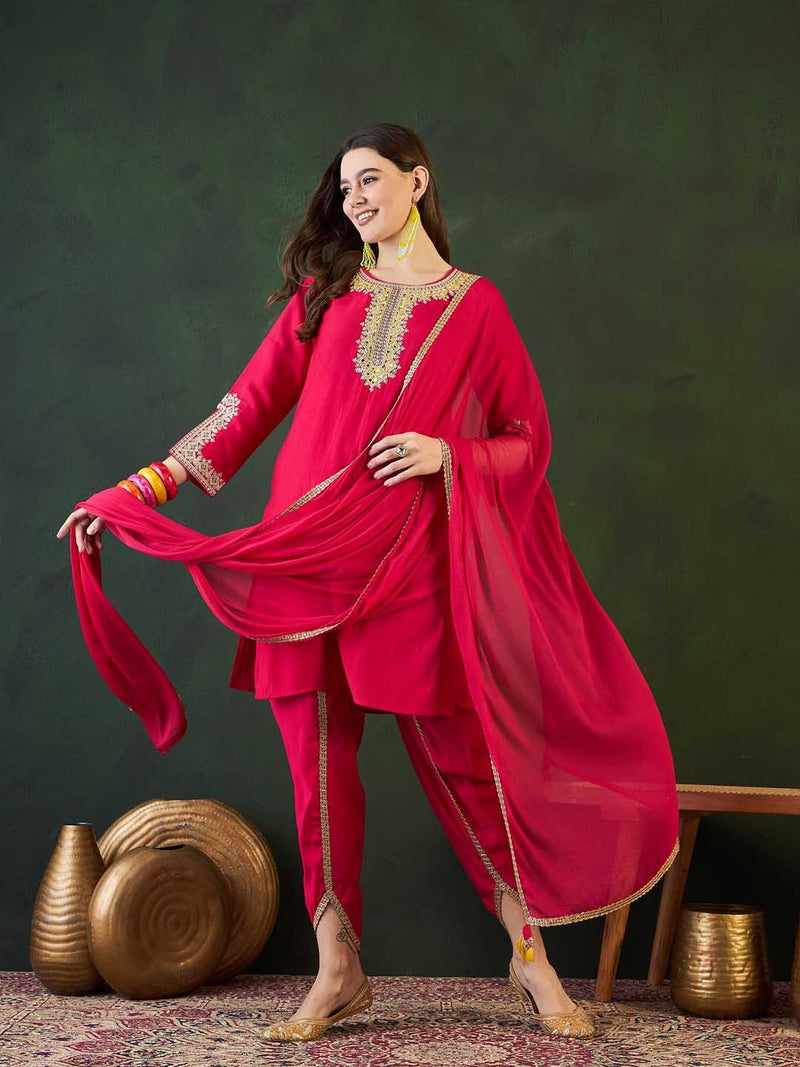 Ethnic Motifs Embroidered Round Neck Straight Kurta With Dhoti Pants And Dupatta