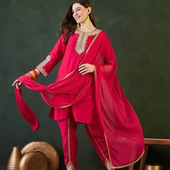 Ethnic Motifs Embroidered Round Neck Straight Kurta With Dhoti Pants And Dupatta