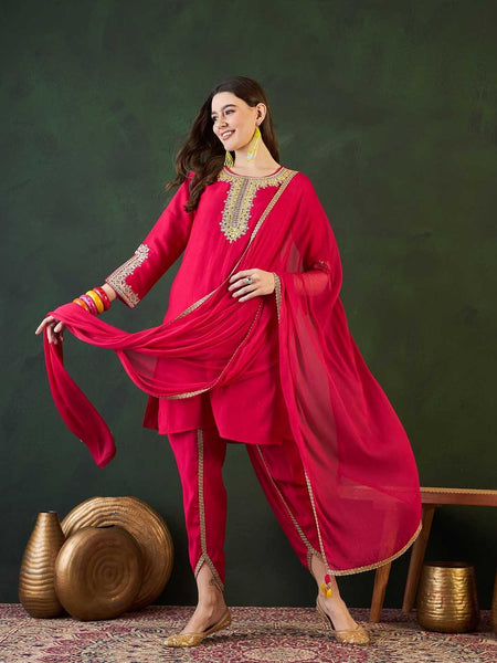 Ethnic Motifs Embroidered Round Neck Straight Kurta With Dhoti Pants And Dupatta