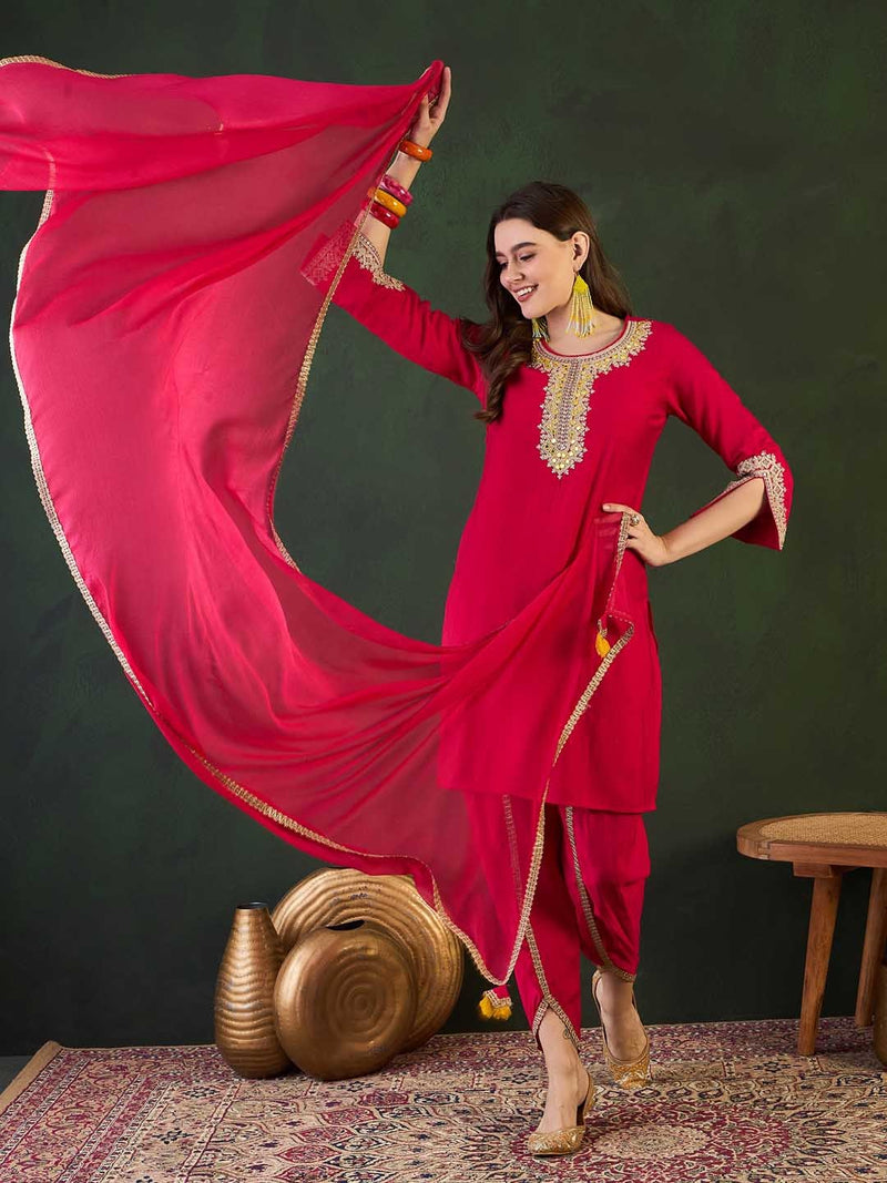 Ethnic Motifs Embroidered Round Neck Straight Kurta With Dhoti Pants And Dupatta