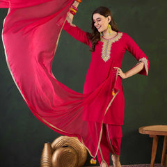Ethnic Motifs Embroidered Round Neck Straight Kurta With Dhoti Pants And Dupatta
