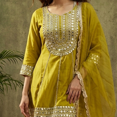 Parrot Green Floral Embroidered & Sequinned A-Line Kurta With Dhoti Pant & Dupatta Kurta Set