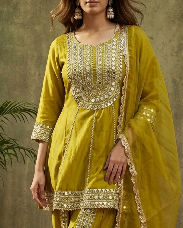 Parrot Green Floral Embroidered & Sequinned A-Line Kurta With Dhoti Pant & Dupatta Kurta Set