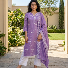 Purple Embroidered Pure Cotton Straight Kurta With Trouser & Dupatta