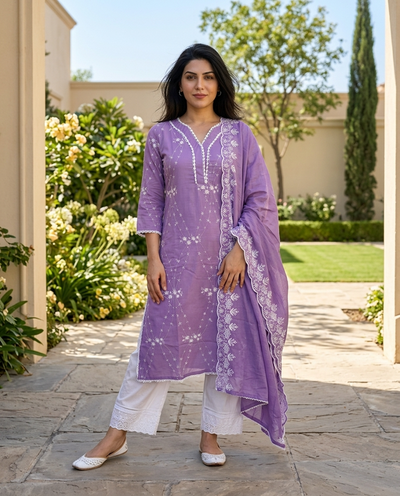 Purple Embroidered Pure Cotton Straight Kurta With Trouser & Dupatta
