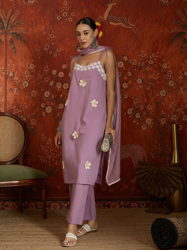 Peach Floral Embroidered Shoulder Straps Kurta With Trouser & Dupatta Kurta Set
