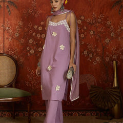 Peach Floral Embroidered Shoulder Straps Kurta With Trouser & Dupatta Kurta Set