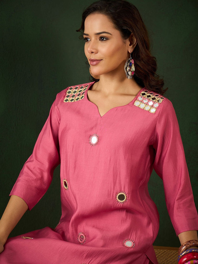 Floral Embroidered Mirror Work Straight Kurta With Dhoti Pant