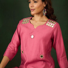 Floral Embroidered Mirror Work Straight Kurta With Dhoti Pant