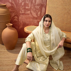 Off White Floral Embroidered & Sequin Work  Kurta With Trouser & Dupatta Kurta Set