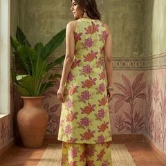 Lime Green Floral Printed Sleeveless A-Line Kurta With Palazzo Kurta Set