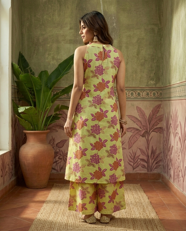 Lime Green Floral Printed Sleeveless A-Line Kurta With Palazzo Kurta Set