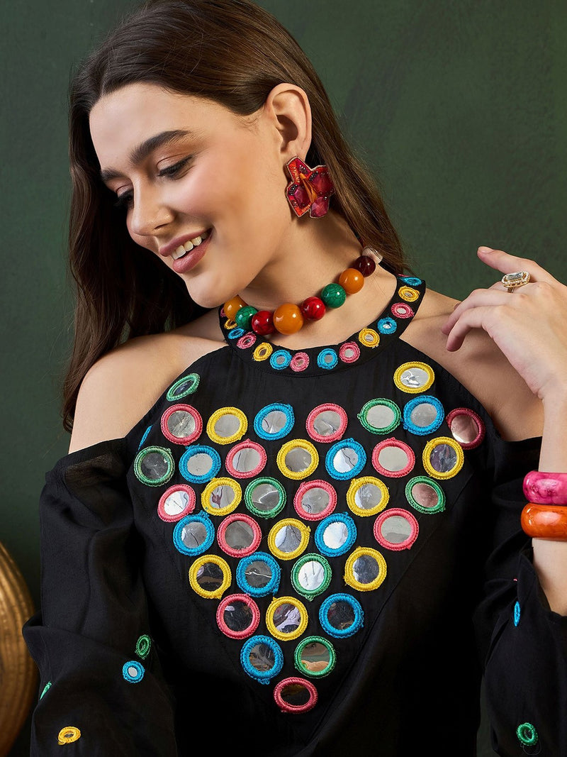 Embroidered Halter Neck Kurta & Palazzo With Bag