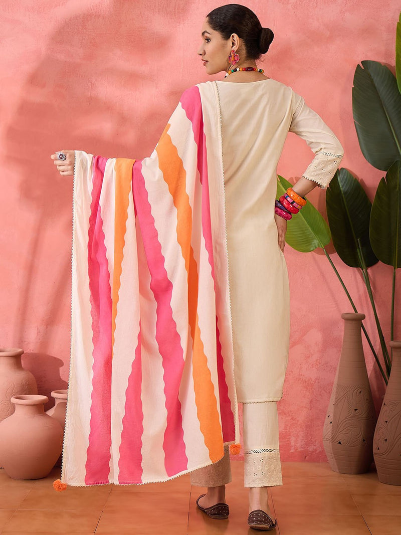Off white Floral Embroidered Pure Cotton Kurta With Trouser And Dupatta