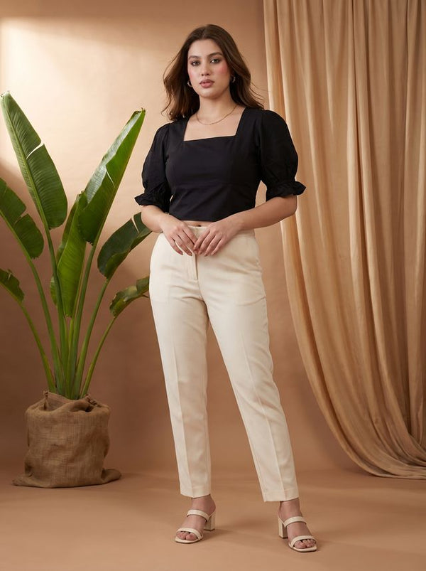 Black Solid Puff Sleeve Top