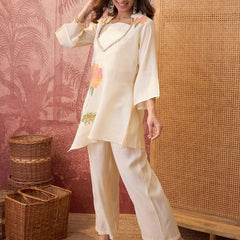 White Hand Block Print & Embroidered Top With Jacket & Trouser Co-Ords