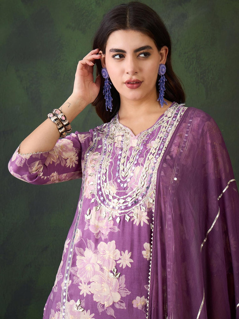 Floral Embroidered Round Neck Kurta With Dhoti Pants And Dupatta
