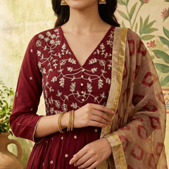 Floral Embroidered Thread Work Anarkali Kurta With Trousers & Dupatta