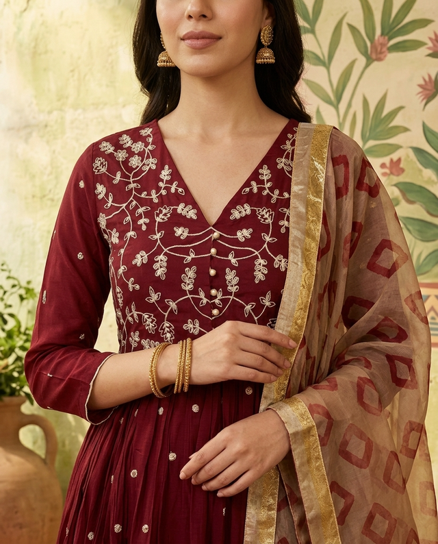 Floral Embroidered Thread Work Anarkali Kurta With Trousers & Dupatta